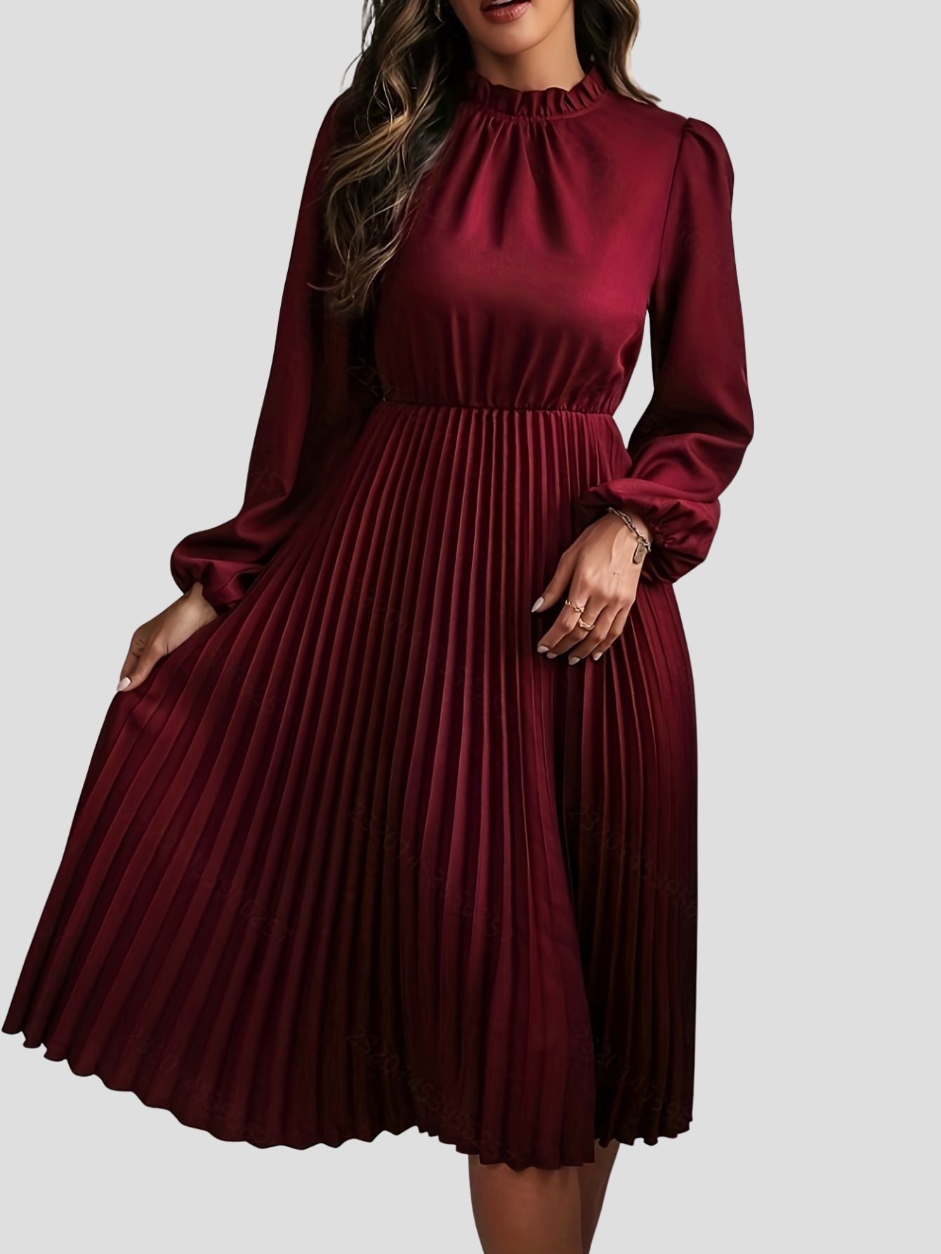 Elegant Burgundy Ruffled Sleeve Dress