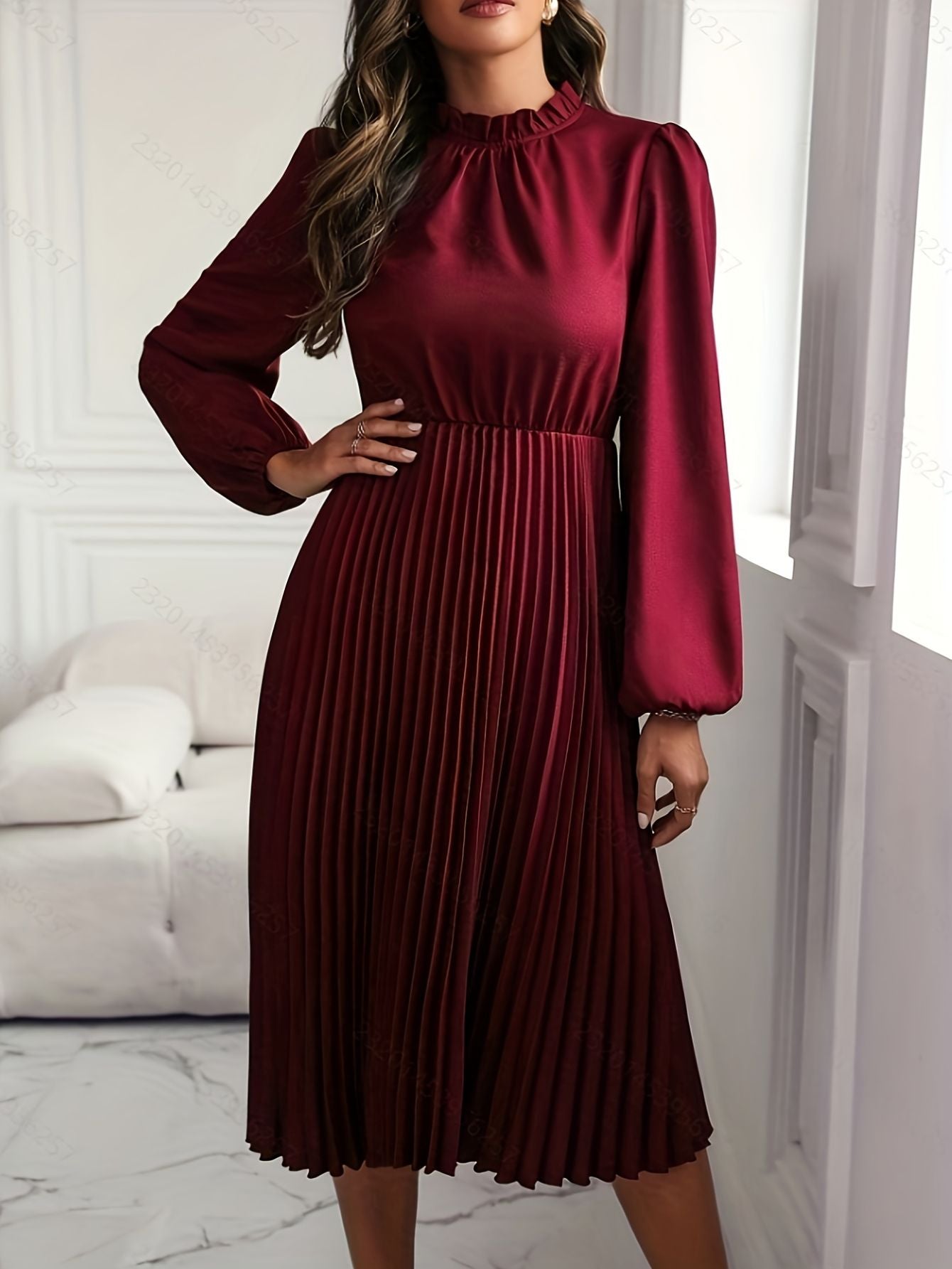 Elegant Burgundy Ruffled Sleeve Dress