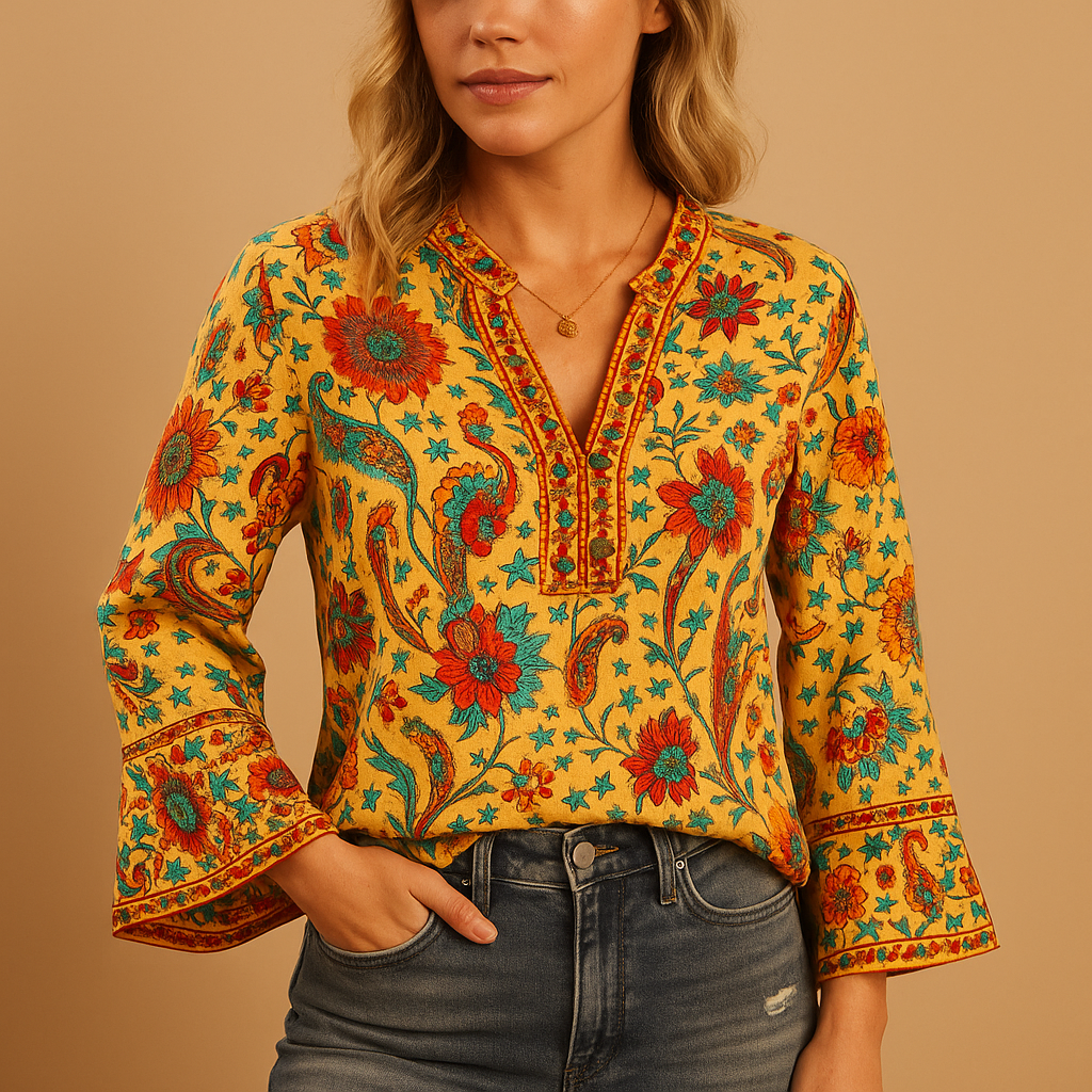 Women’s orange boho floral blouse with flared sleeves and high neckline, ideal for spring, summer, casual and festive outfits.