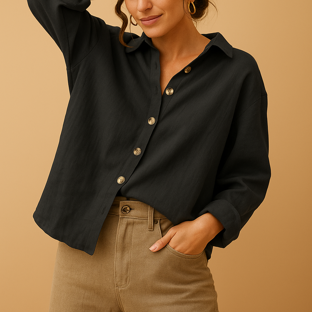 Women’s casual cotton blouse with classic fit in black, grey, khaki, pink, and white, ideal for daily wear and office outfits.