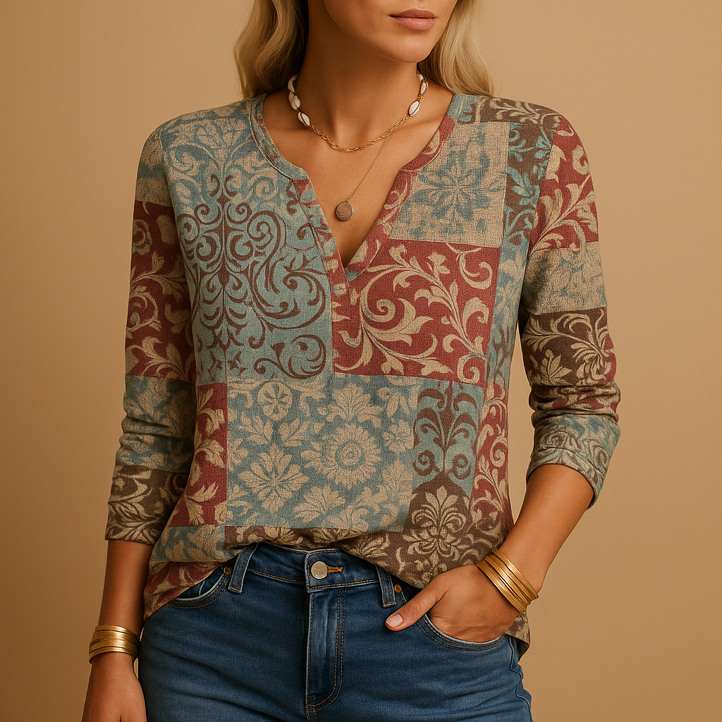Women’s casual long sleeve printed top with a comfortable fit and mixed print design, ideal for everyday wear, office outfits, and weekend looks.