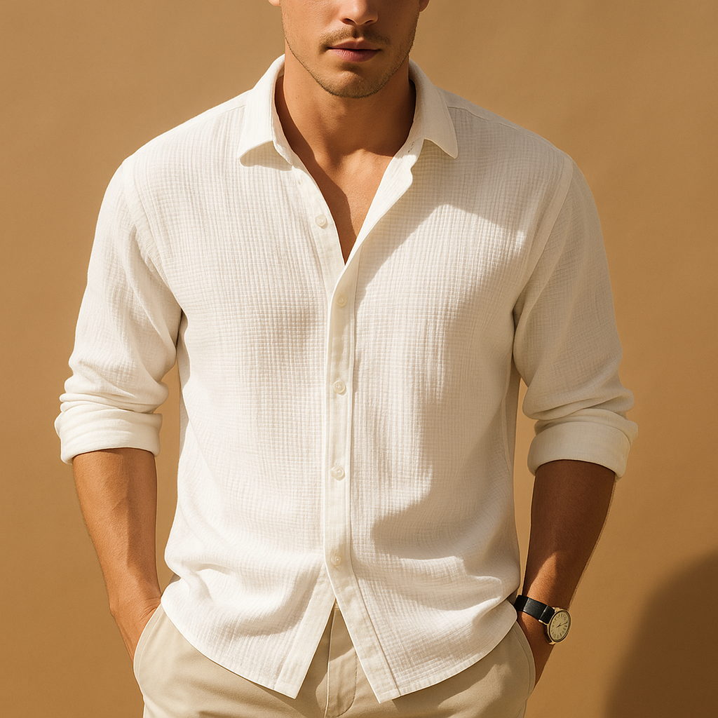 Men’s casual long sleeve shirt with stand collar and solid color design, ideal for everyday wear, dinners, and semi-formal occasions.