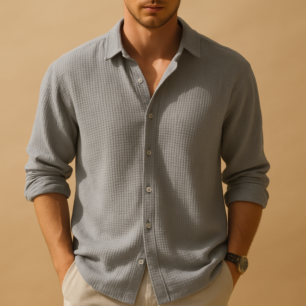 Men’s casual long sleeve shirt with stand collar and solid color design, ideal for everyday wear, dinners, and semi-formal occasions.