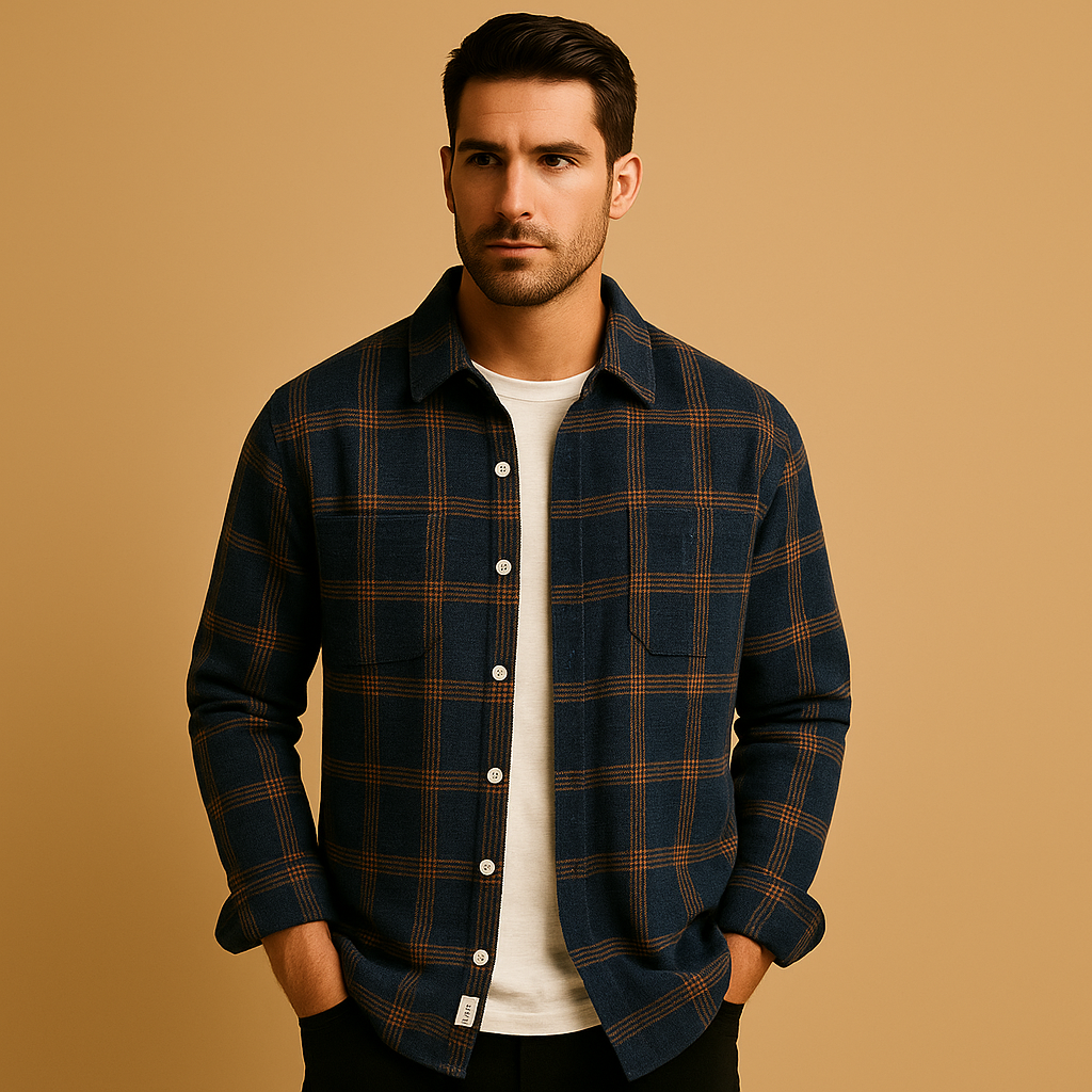 Men’s casual plaid shirt with button closure and classic checkered design, perfect for everyday wear and informal occasions.