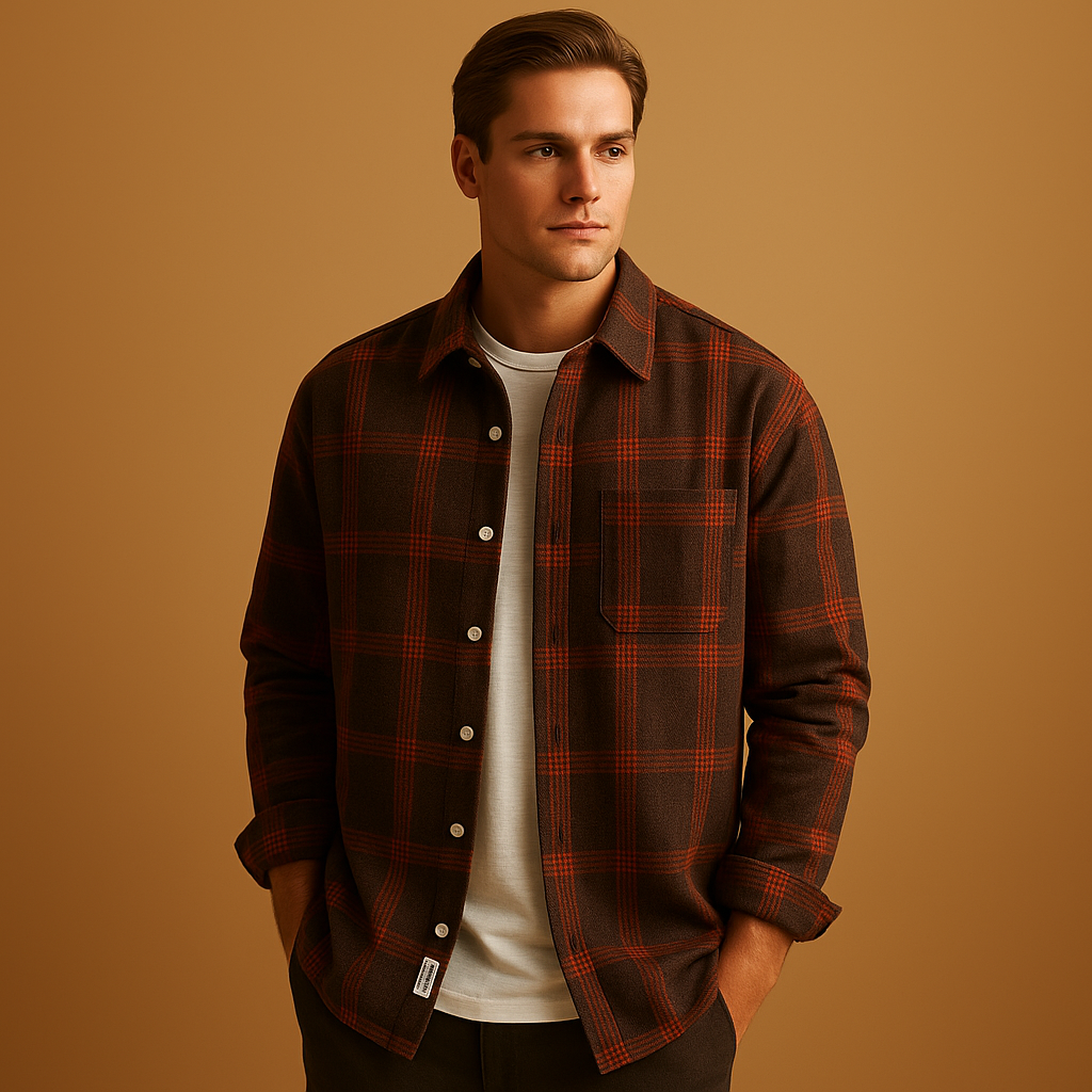 Men’s casual plaid shirt with button closure and classic checkered design, perfect for everyday wear and informal occasions.