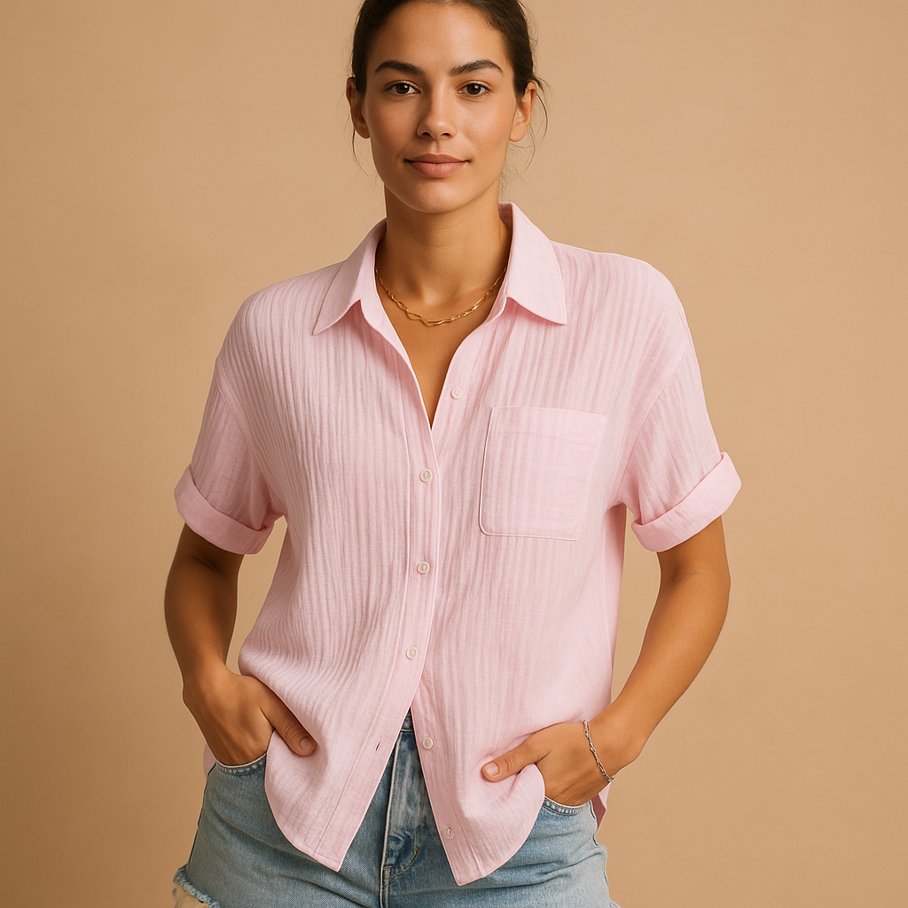 Women’s casual short sleeve polo shirt with a classic collar and chest pocket, ideal for summer days and relaxed everyday outfits.