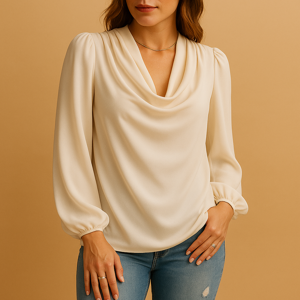 Women’s chiffon V-neck blouse with puff sleeves and relaxed fit, ideal for summer outfits, casual wear, and elegant occasions.