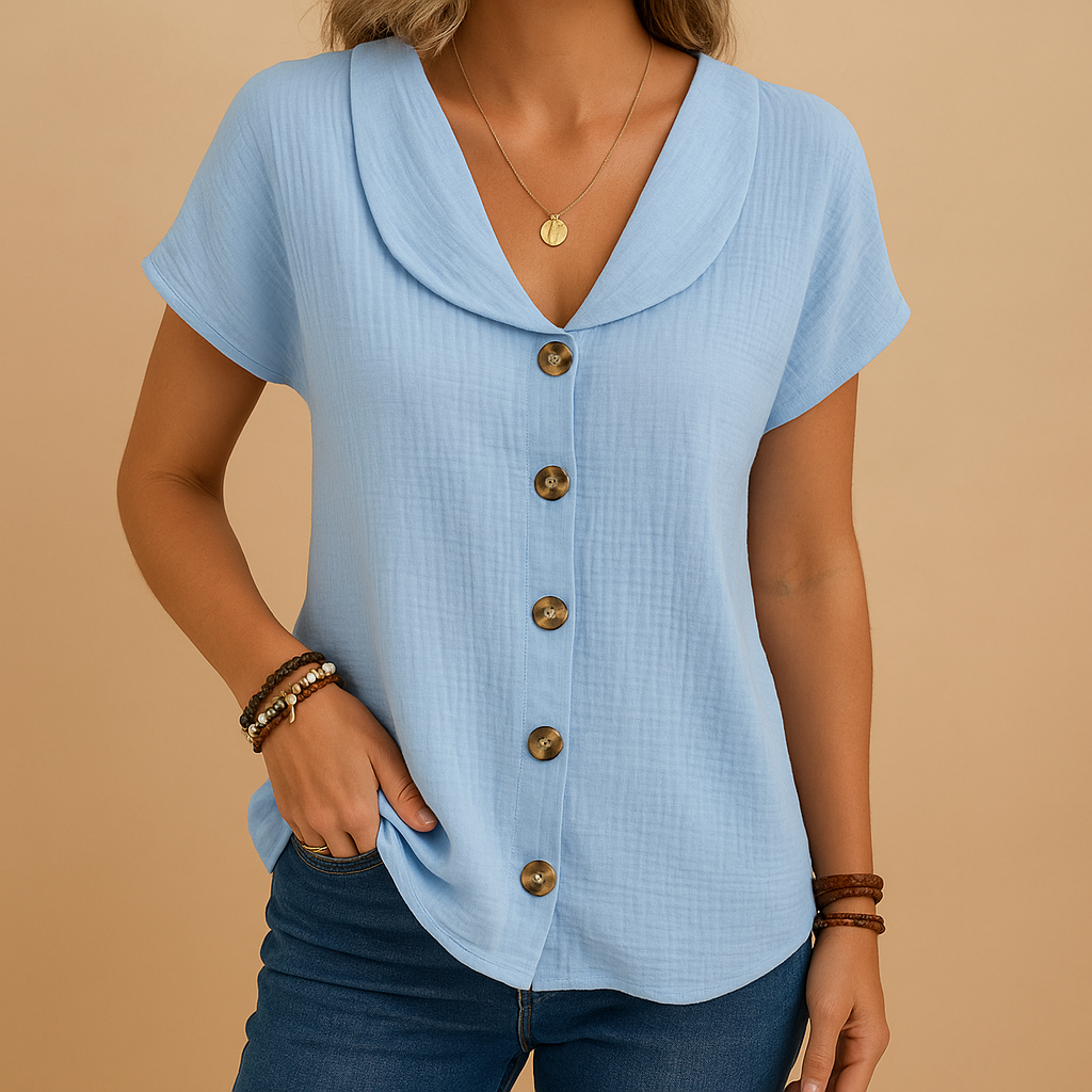 Women’s classic button-up blouse with timeless collar in white, blue, and pink, ideal for office wear and semi-formal outfits.