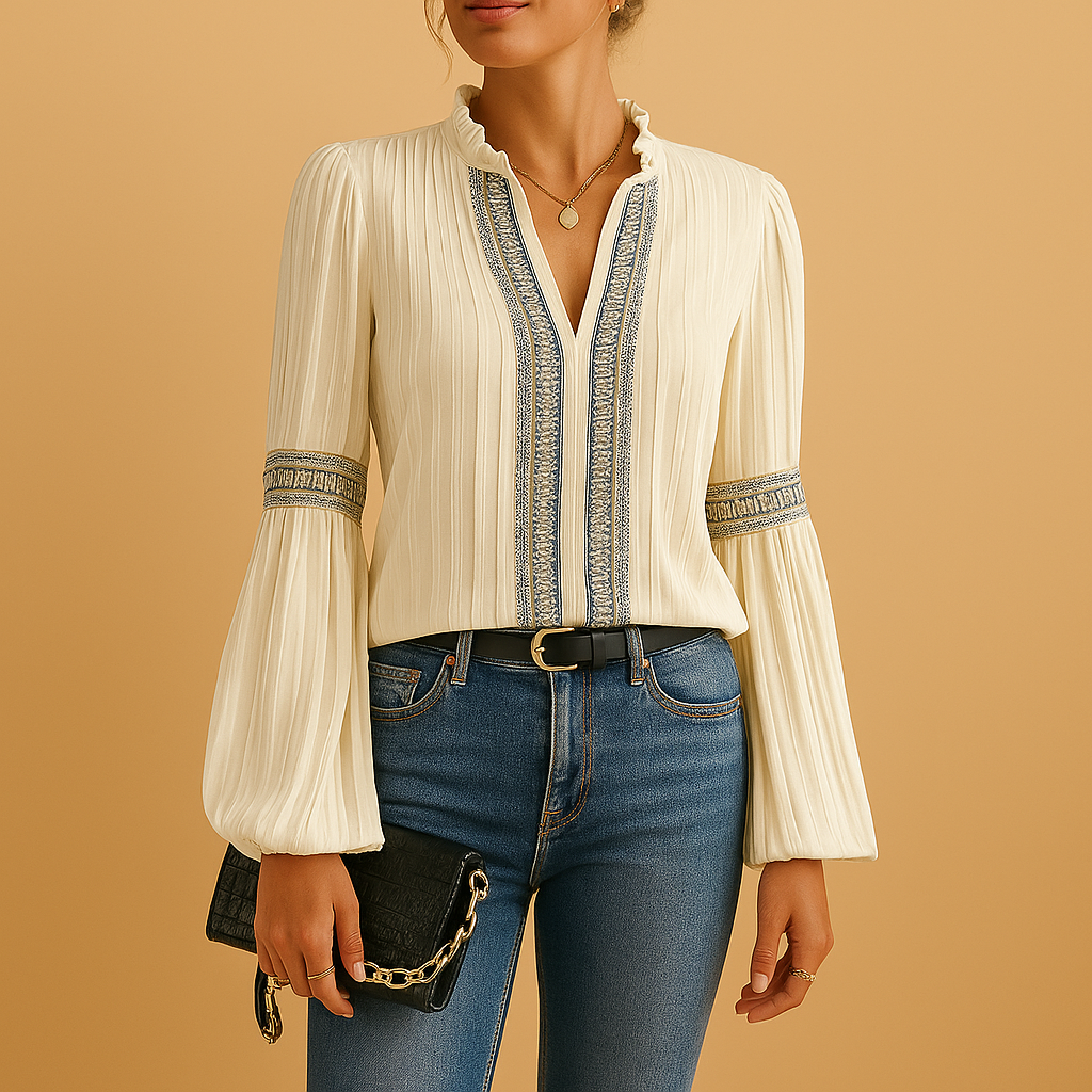 Women’s elegant blouse with lace details, lantern sleeves, and a loose fit, suitable for work, casual wear, and evening outings.