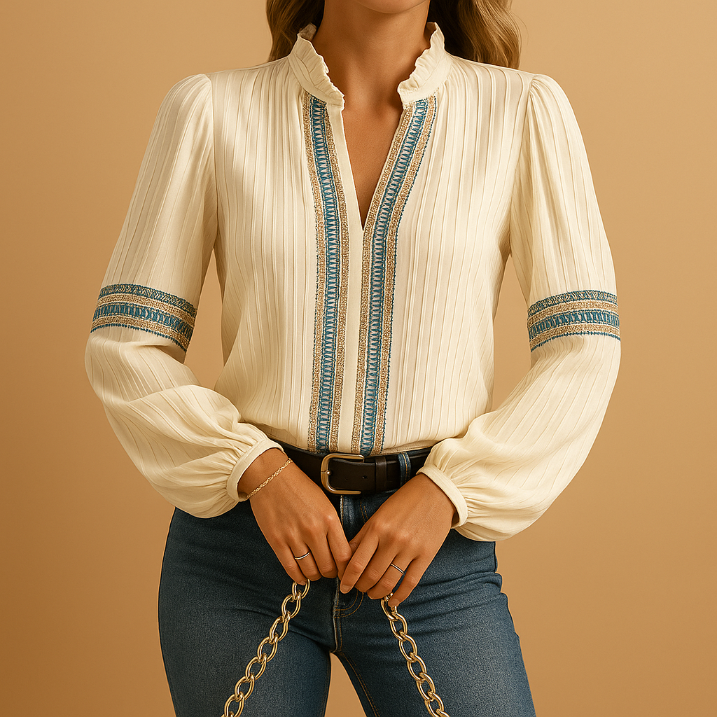 Women’s elegant blouse with lace details, lantern sleeves, and a loose fit, suitable for work, casual wear, and evening outings.