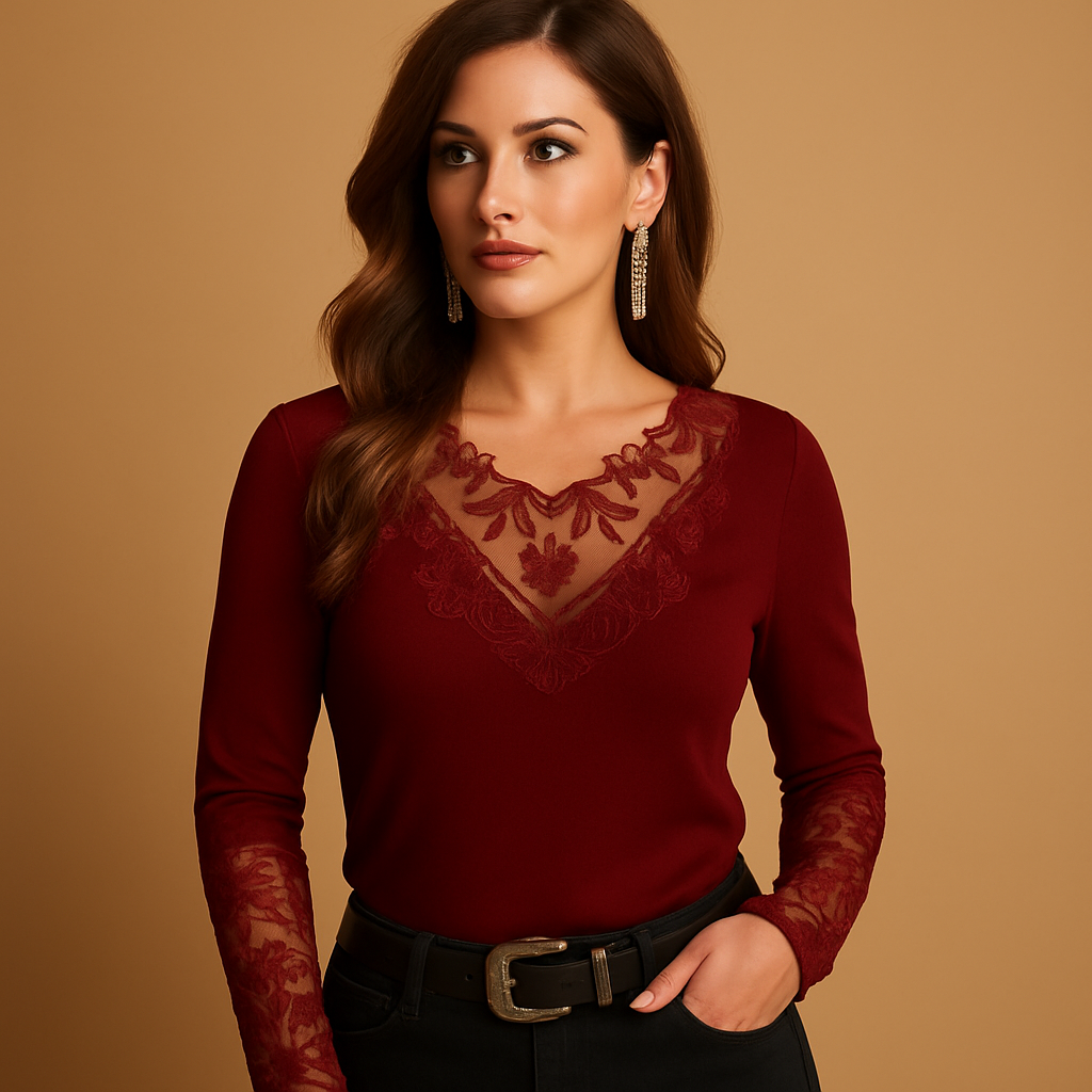 Women’s elegant lace blouse with a lightly tailored fit, suitable for daily wear, evening occasions, and refined outfits.