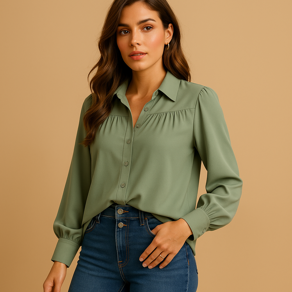 Women’s elegant lantern sleeve blouse with button front and shirt collar, ideal for office wear and stylish casual outfits in solid colors.