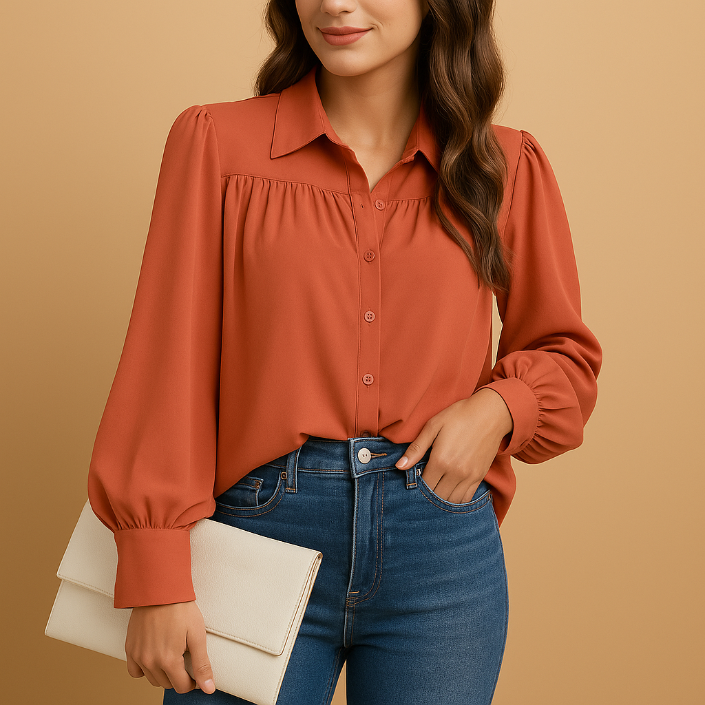 Women’s elegant lantern sleeve blouse with button front and shirt collar, ideal for office wear and stylish casual outfits in solid colors.