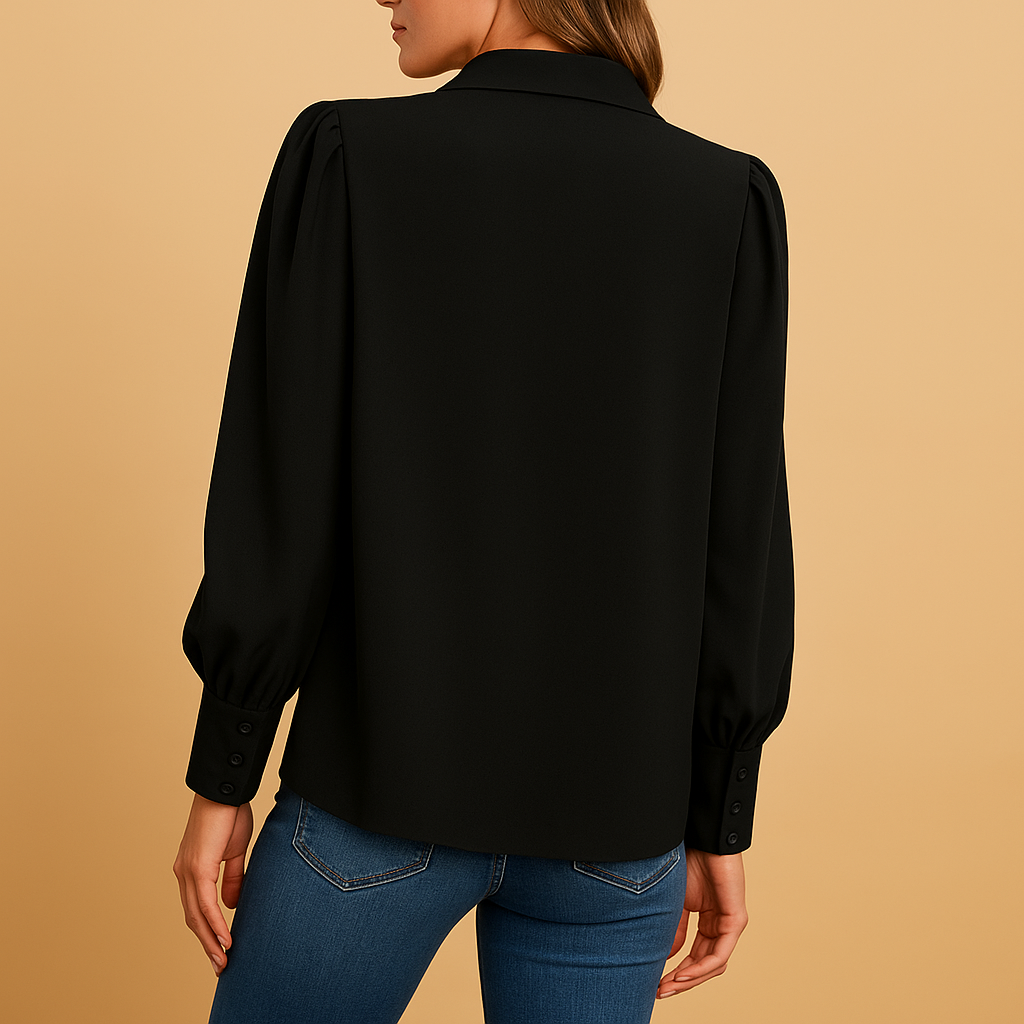 Women’s elegant lantern sleeve blouse with button front and shirt collar, ideal for office wear and stylish casual outfits in solid colors.