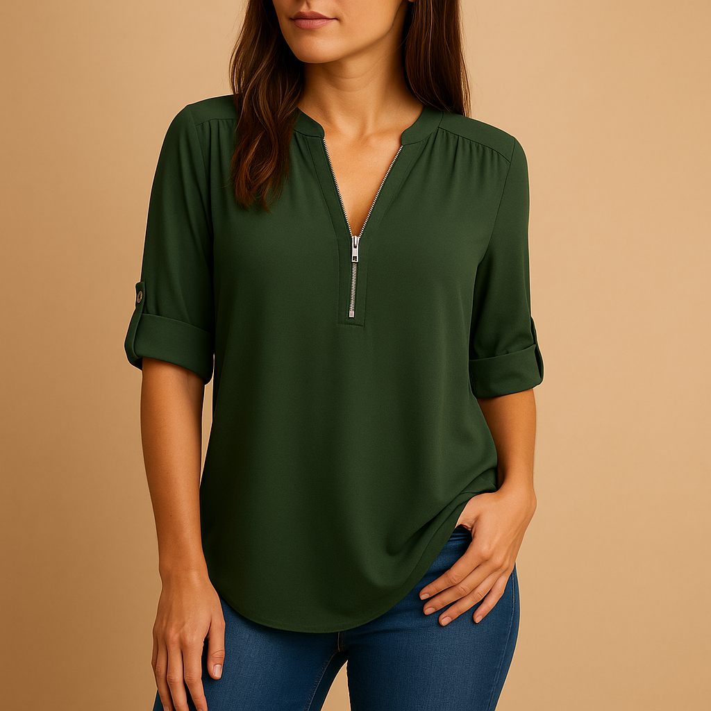 Women’s elegant V-neck blouse with a breathable design and lightly tailored fit, suitable for work, casual wear, and summer outfits.