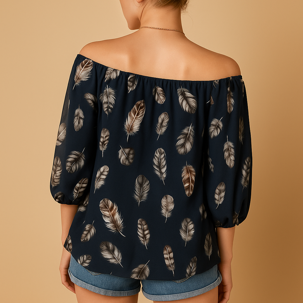 Women’s feather print V-neck blouse in white, black, green, dark blue, and pink, ideal for summer outfits and casual daily wear.
