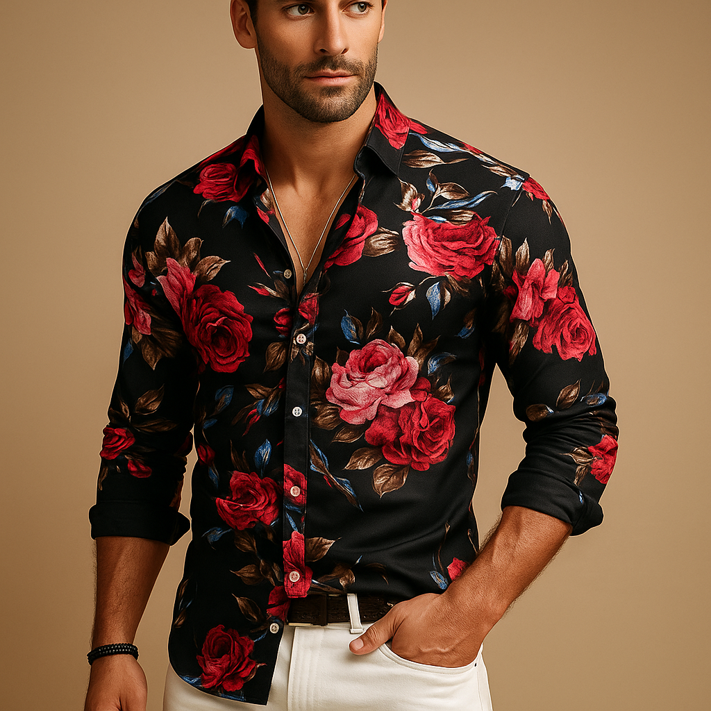 Men’s floral print shirt with modern fit in black, blue, or red, perfect for parties, casual wear, and stylish everyday outfits.