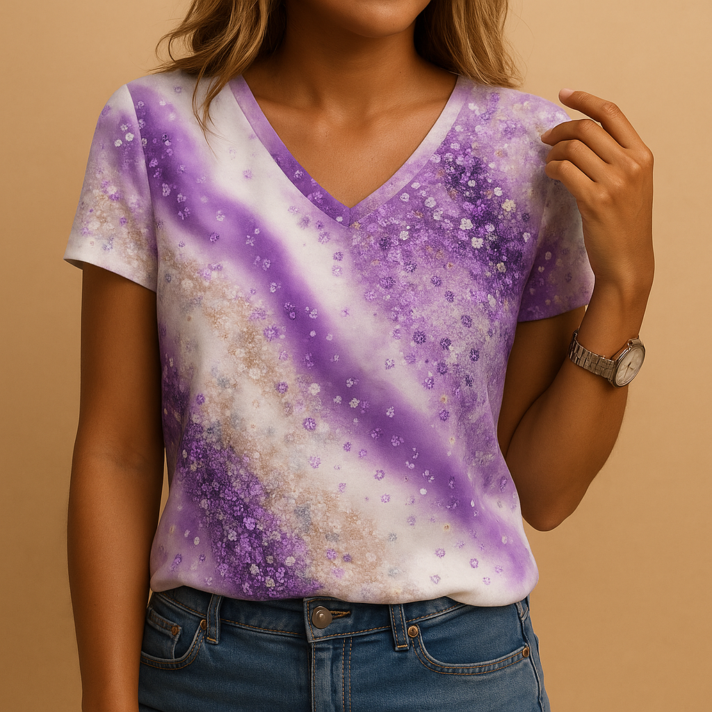 Women’s gradient print V-neck summer blouse with short sleeves, ideal for casual outings and warm-weather outfits.