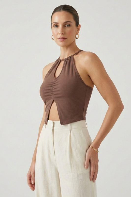 Women’s halter crop top with front keyhole opening and centre ruching, designed for summer outfits and casual styling