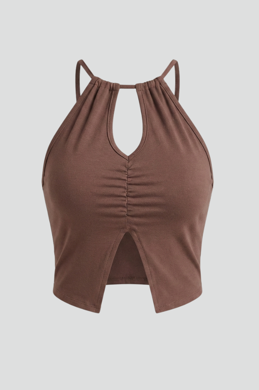 Women’s halter crop top with front keyhole opening and centre ruching, designed for summer outfits and casual styling