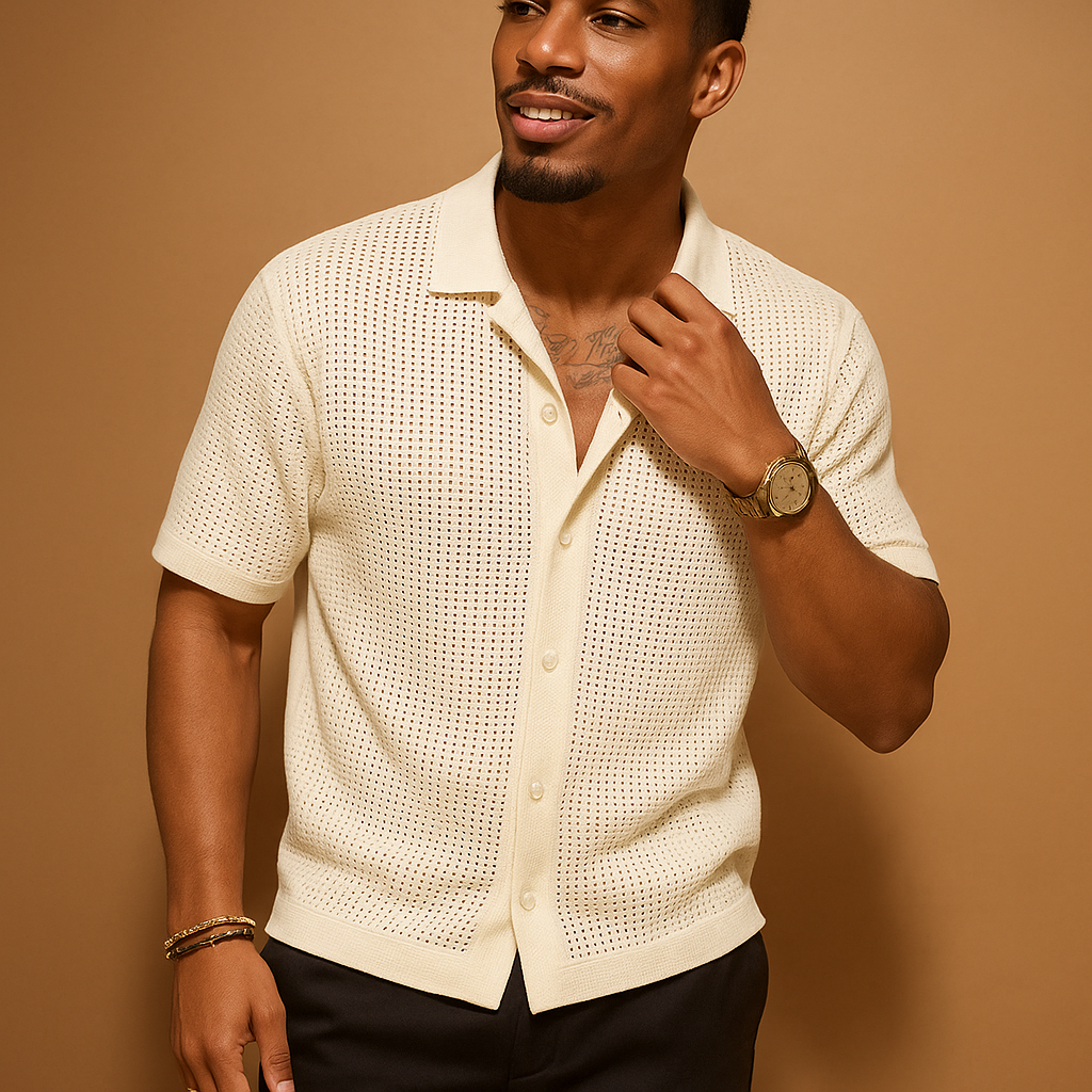 Men’s lightweight short sleeve summer shirt in a neutral color, ideal for beach days, vacations, and casual warm-weather outfits.