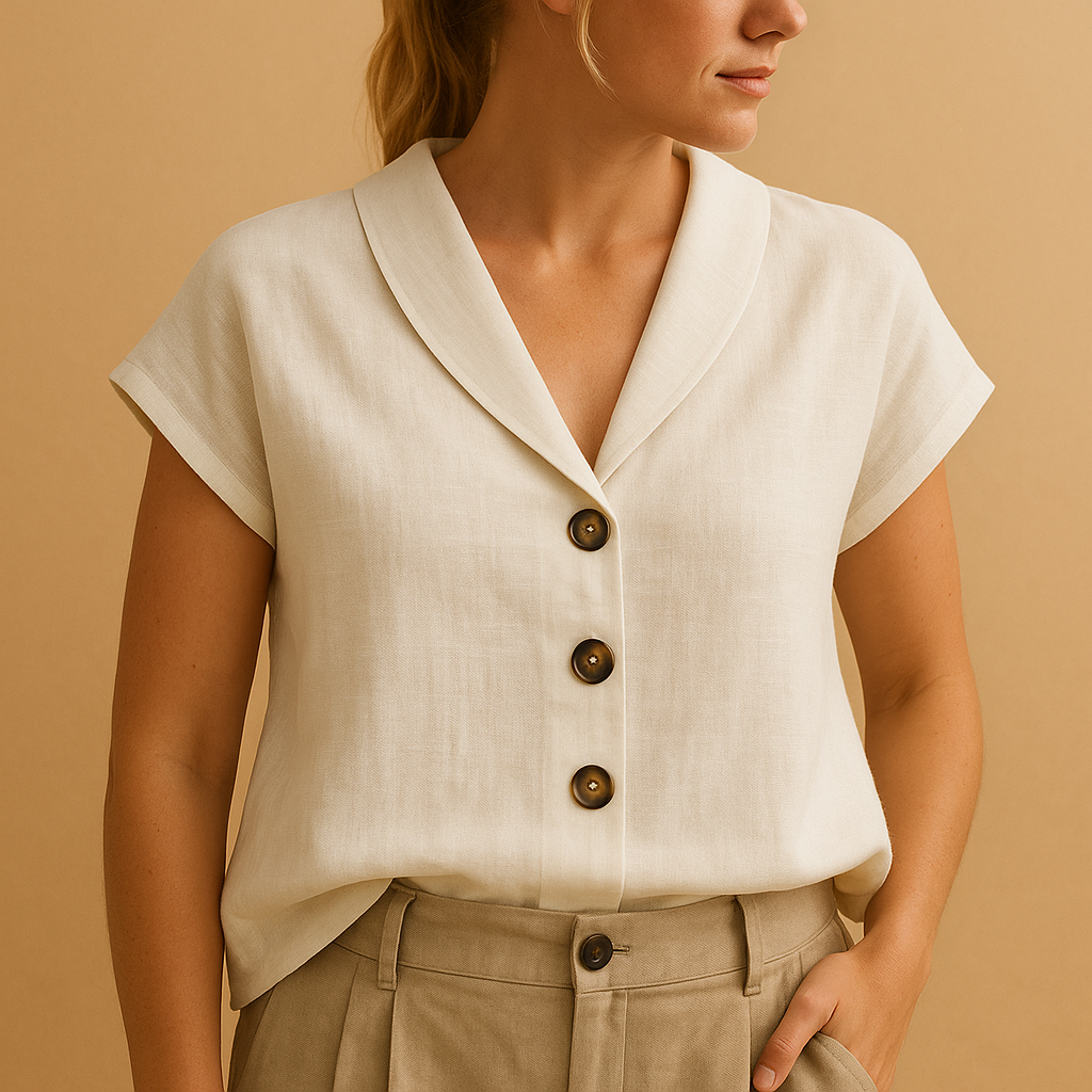 Women’s lightweight summer blouse with round neckline and button closure, ideal for beach trips, vacations, and casual warm-weather outfits.