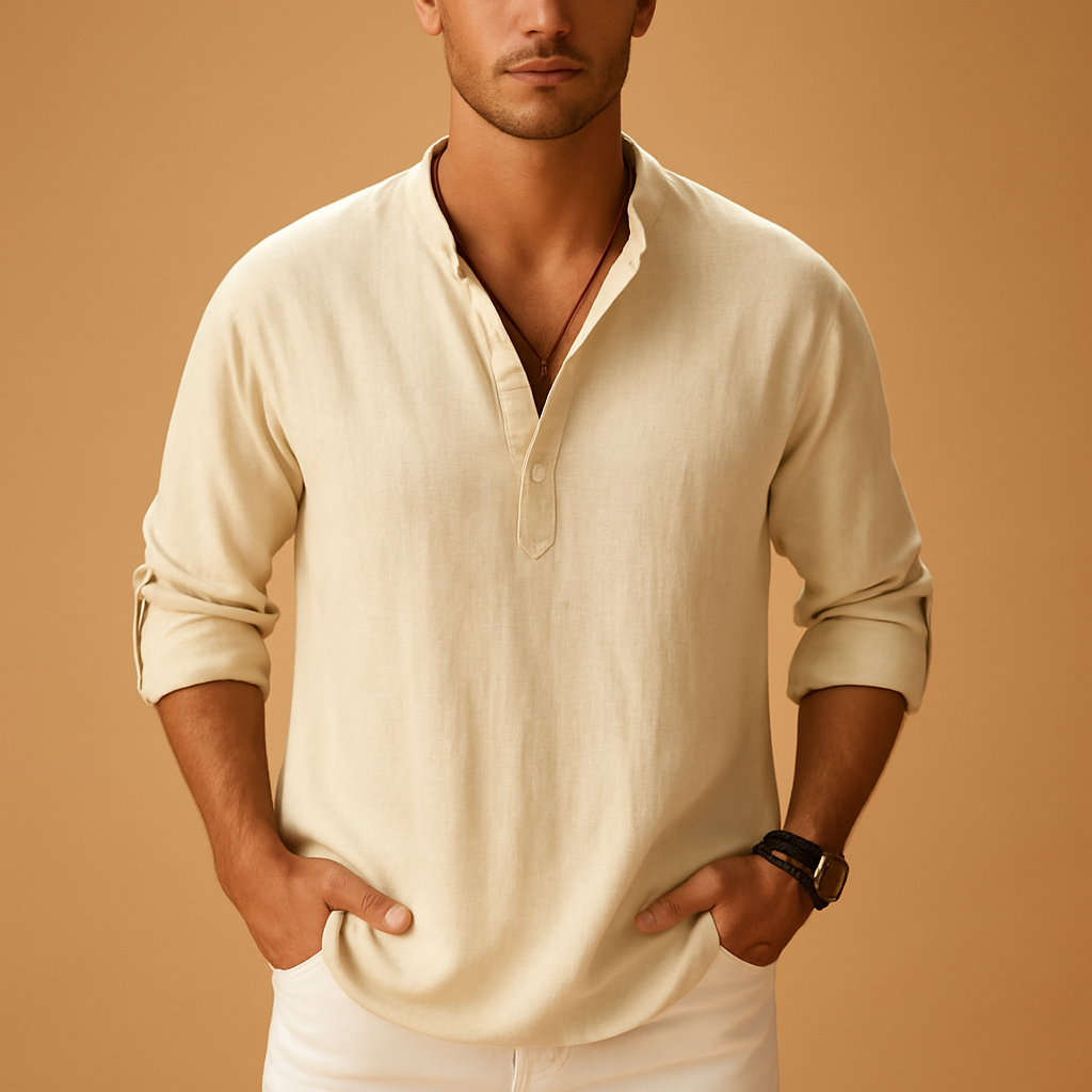 Men’s lightweight V-neck long sleeve shirt in solid colors, ideal for summer days, work, and casual evening outings.