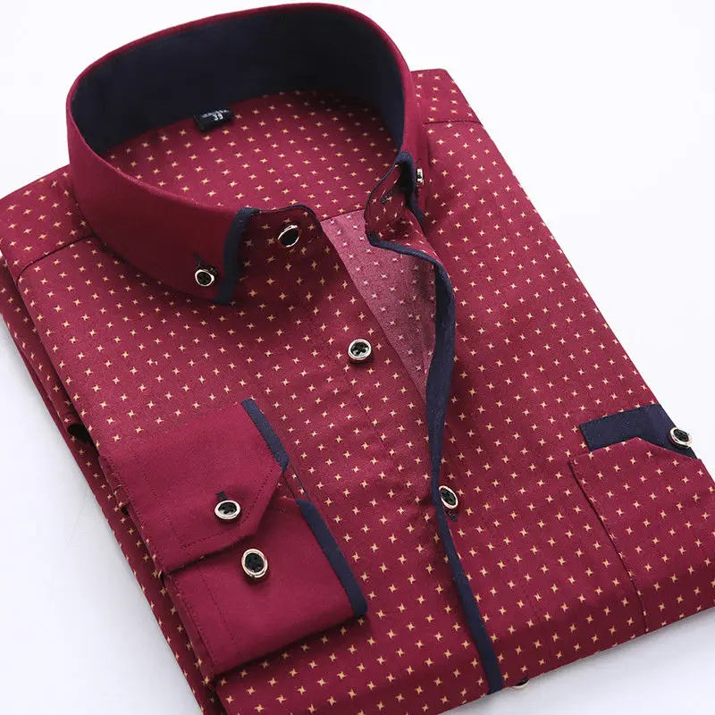 Men’s long sleeve shirt with a tailored fit, contrast details, and button closure, ideal for casual outings, dinner dates, and smart-casual occasions.