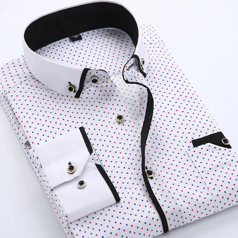 Men’s long sleeve shirt with a tailored fit, contrast details, and button closure, ideal for casual outings, dinner dates, and smart-casual occasions.