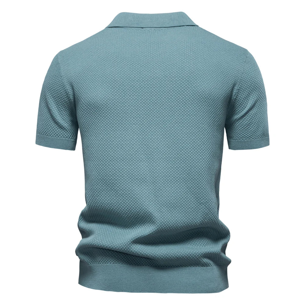 Men’s polo shirt with a structured collar, short sleeves, and tailored fit, ideal for summer days, casual outings, and smart-casual wear.