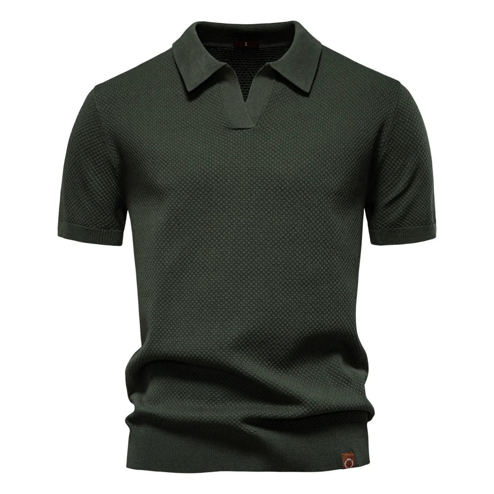 Men’s polo shirt with a structured collar, short sleeves, and tailored fit, ideal for summer days, casual outings, and smart-casual wear.