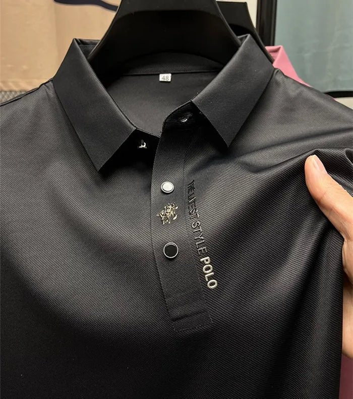 Men’s polo shirt with a stretch fit, classic collar, and short sleeves, ideal for office wear, weekend outings, casual gatherings, and everyday styling.