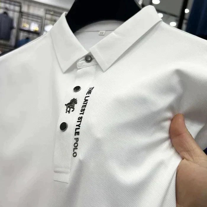 Men’s polo shirt with a stretch fit, classic collar, and short sleeves, ideal for office wear, weekend outings, casual gatherings, and everyday styling.