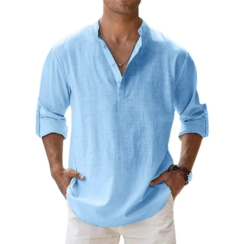 Men’s shirt with a grandad collar, long sleeves, and regular fit, ideal for casual outings, vacations, weekend wear, and smart-casual styling.