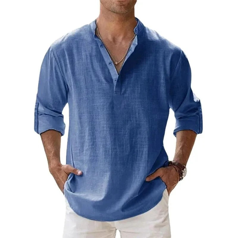 Men’s shirt with a grandad collar, long sleeves, and regular fit, ideal for casual outings, vacations, weekend wear, and smart-casual styling.