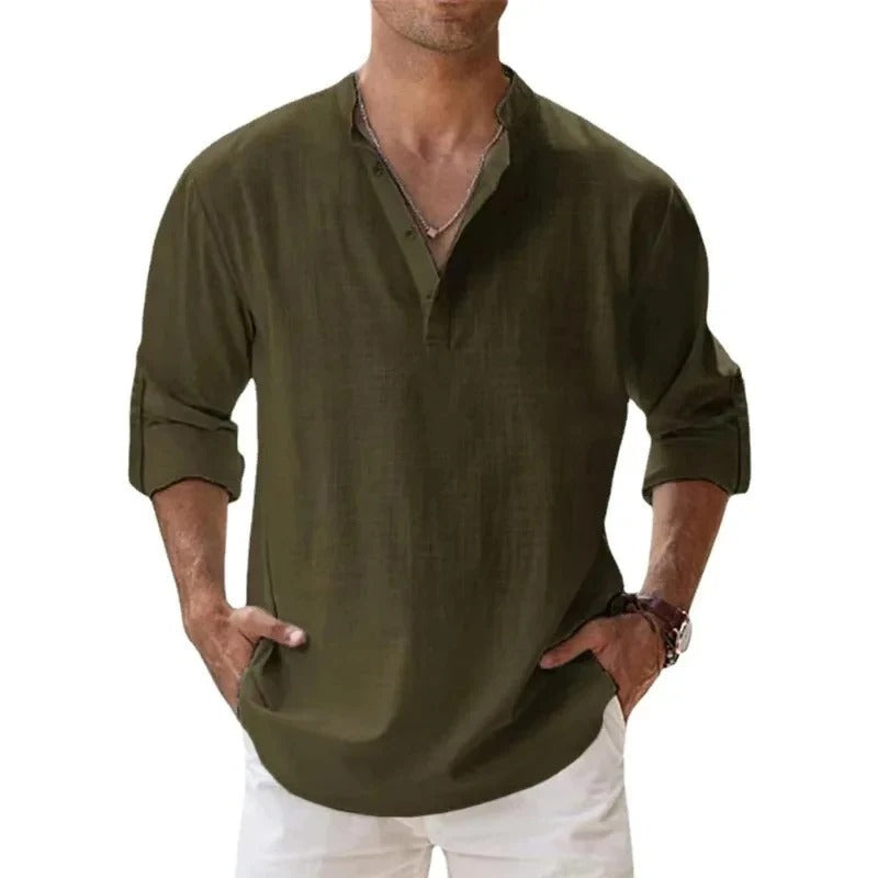 Men’s shirt with a grandad collar, long sleeves, and regular fit, ideal for casual outings, vacations, weekend wear, and smart-casual styling.
