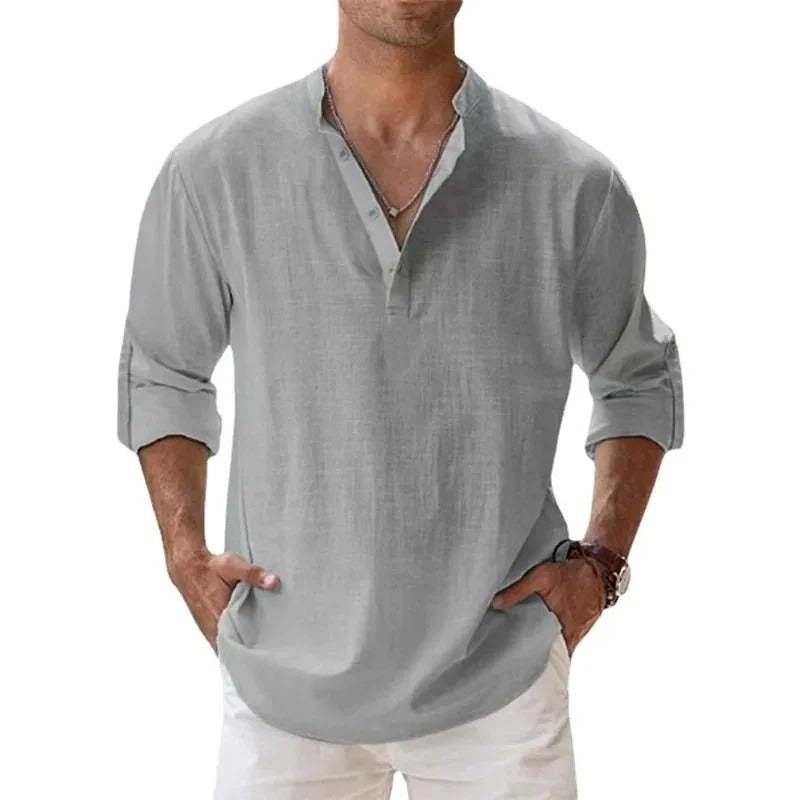 Men’s shirt with a grandad collar, long sleeves, and regular fit, ideal for casual outings, vacations, weekend wear, and smart-casual styling.