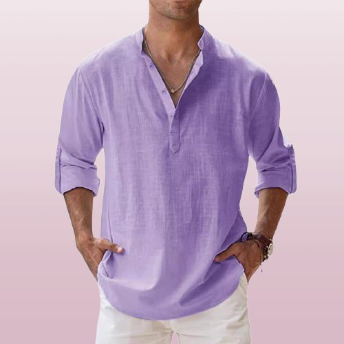 Men’s shirt with a grandad collar, long sleeves, and regular fit, ideal for casual outings, vacations, weekend wear, and smart-casual styling.