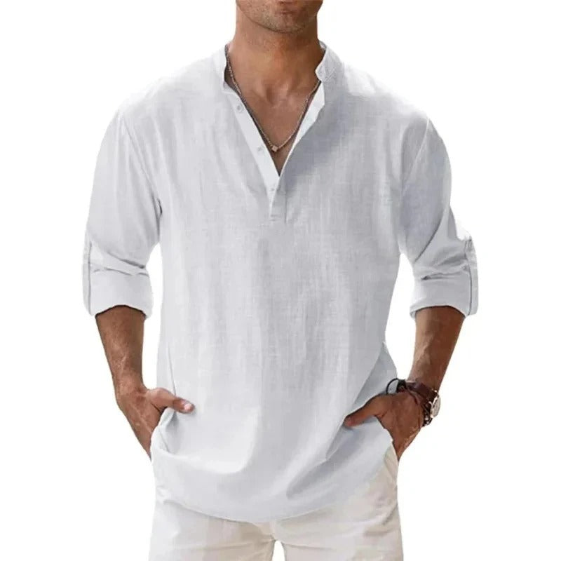 Men’s shirt with a grandad collar, long sleeves, and regular fit, ideal for casual outings, vacations, weekend wear, and smart-casual styling.