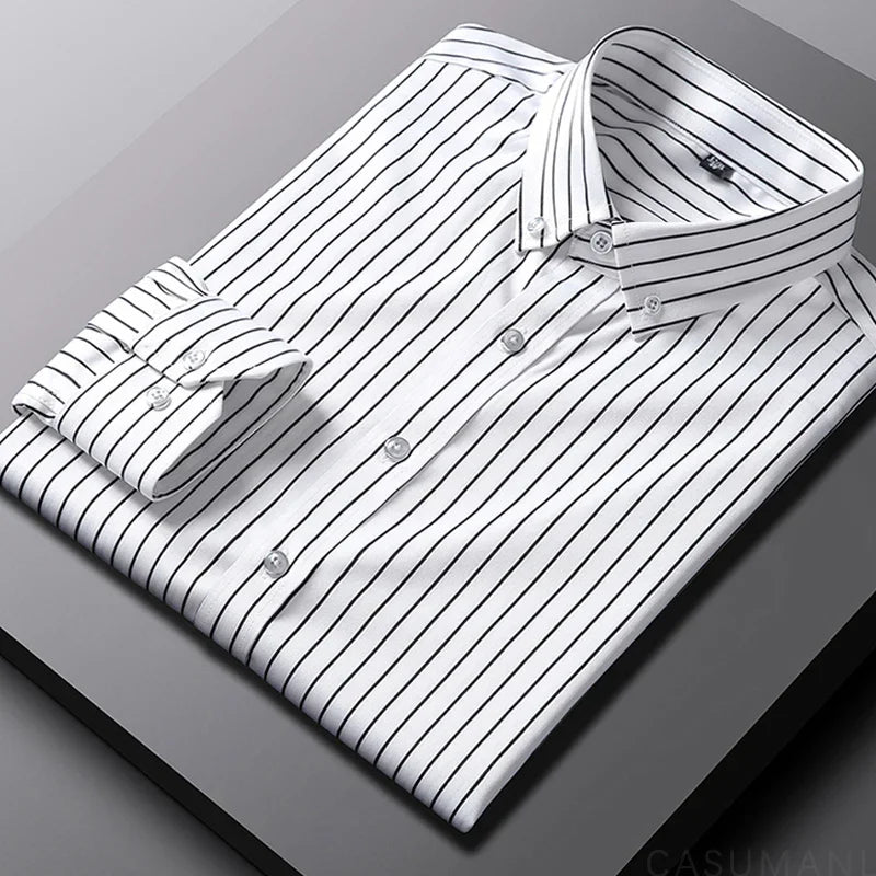 Men’s striped shirt with a tailored fit and vertical stripe pattern, ideal for casual outings, smart-casual events, layering, and evening wear.