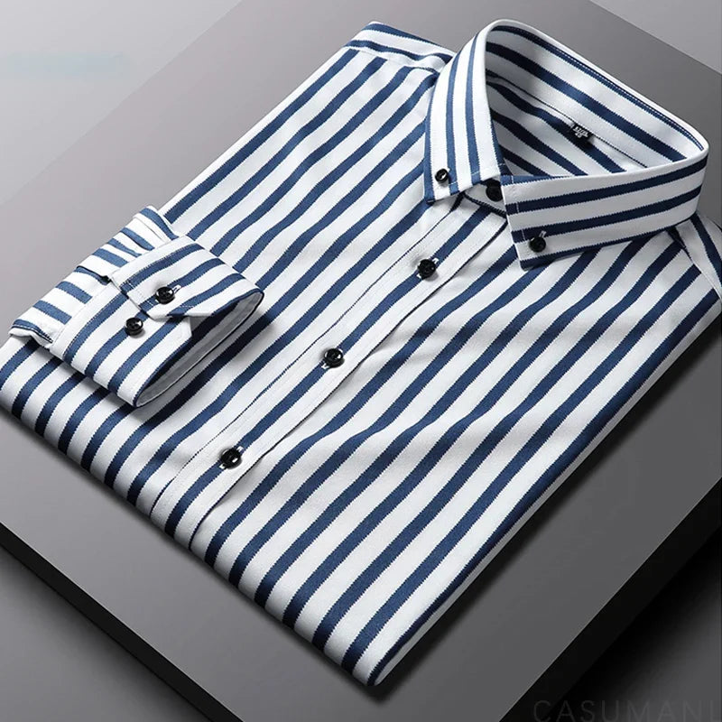 Men’s striped shirt with a tailored fit and vertical stripe pattern, ideal for casual outings, smart-casual events, layering, and evening wear.