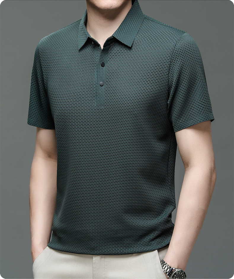 Men’s textured polo shirt with a button placket, short sleeves, and tailored fit, ideal for summer days, casual outings, and smart-casual wear.