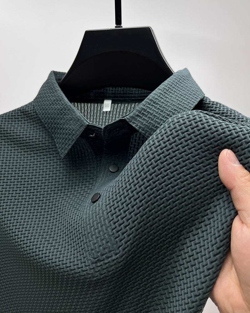 Men’s textured polo shirt with a button placket, short sleeves, and tailored fit, ideal for summer days, casual outings, and smart-casual wear.