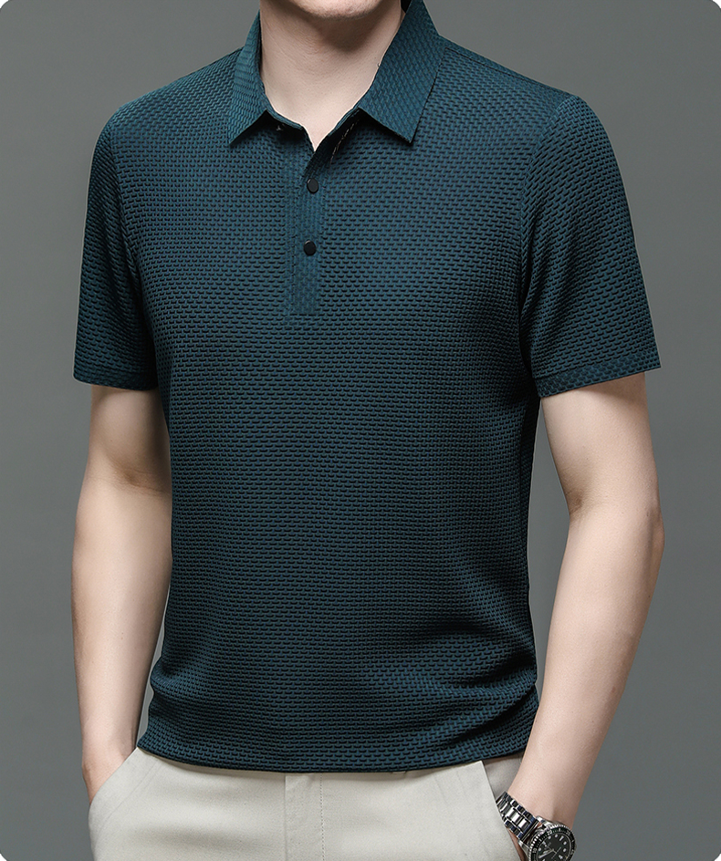 Men’s textured polo shirt with a button placket, short sleeves, and tailored fit, ideal for summer days, casual outings, and smart-casual wear.