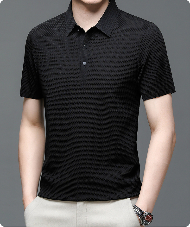 Men’s textured polo shirt with a button placket, short sleeves, and tailored fit, ideal for summer days, casual outings, and smart-casual wear.