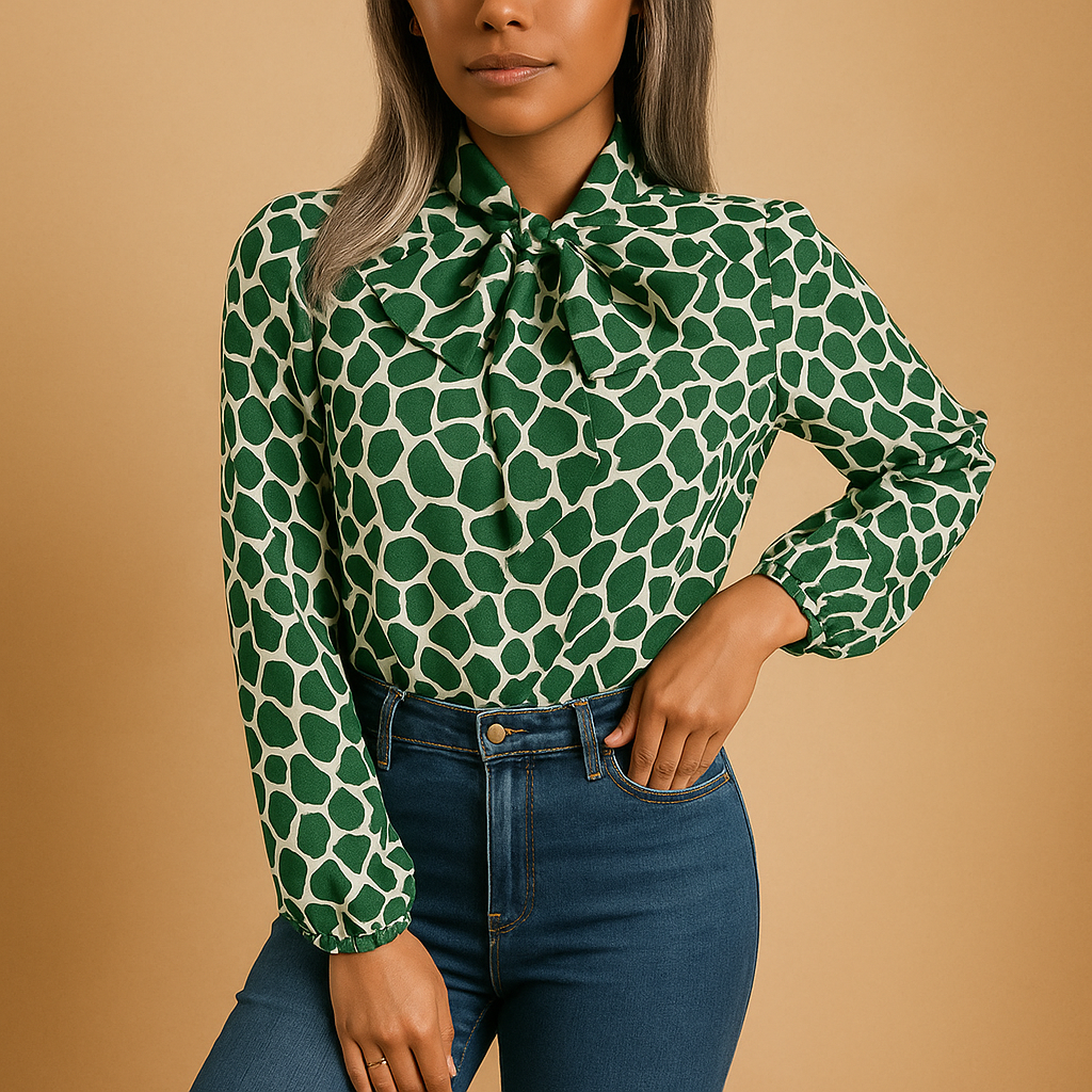 Women’s green polka dot blouse with bow detail and elastic cuffs, ideal for office wear, business meetings, and smart casual outfits.