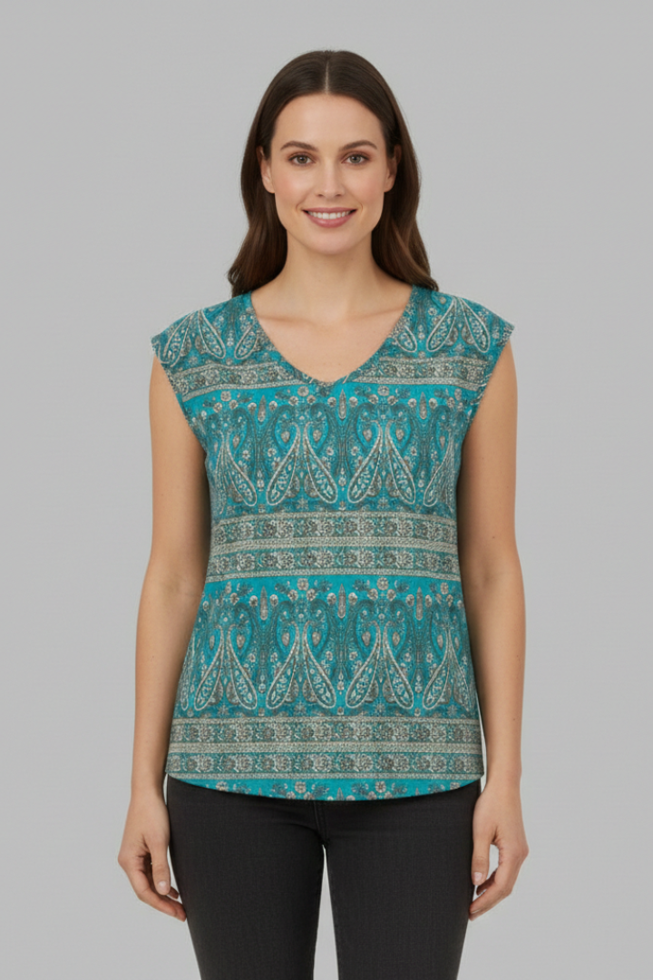 Women’s printed V-neck top with cap sleeves, loose fit, and floral pattern, suitable for casual wear and summer outfits.