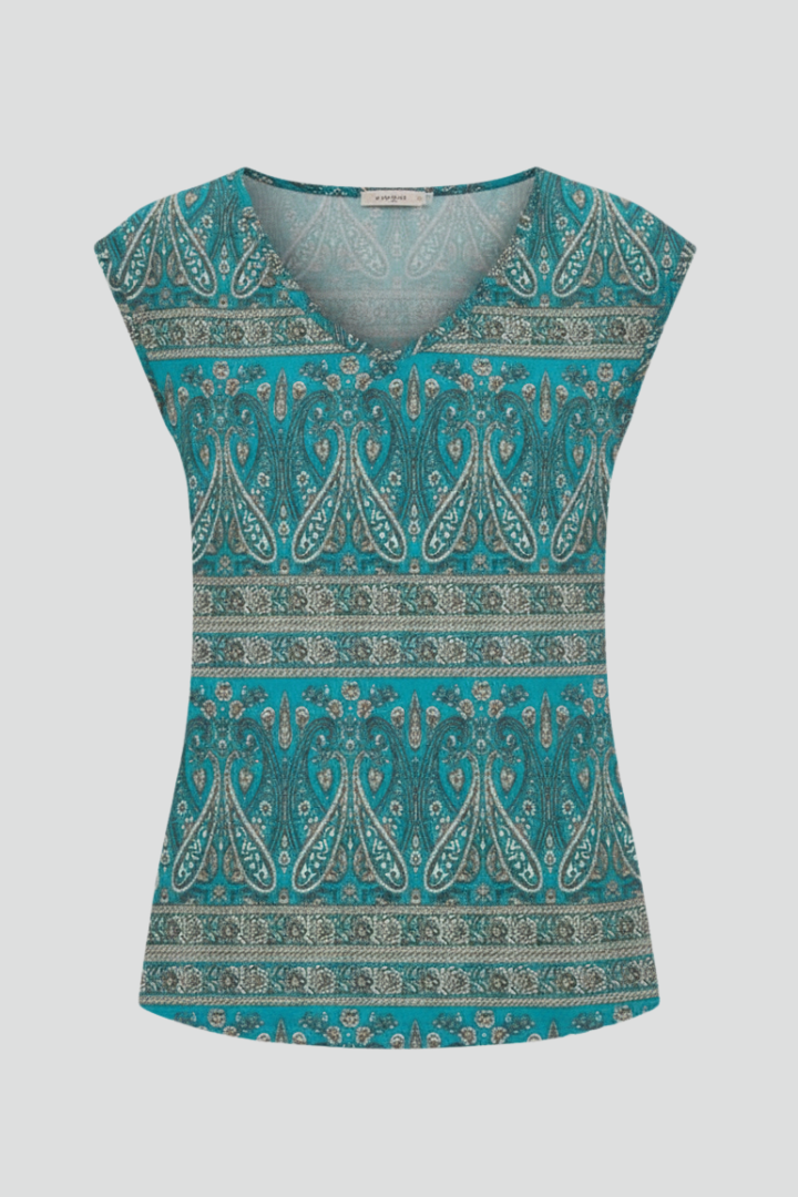 Women’s printed V-neck top with cap sleeves, loose fit, and floral pattern, suitable for casual wear and summer outfits.