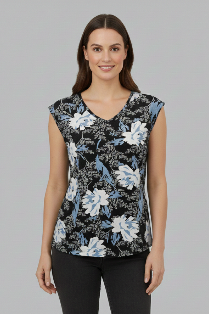 Women’s printed V-neck top with cap sleeves, loose fit, and floral pattern, suitable for casual wear and summer outfits.