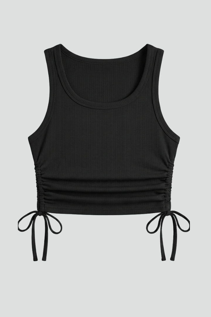 Women’s crop top with side ruching, round neckline, and ribbed texture, designed for casual wear and summer outfits